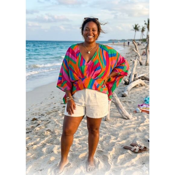 JW Tops - 5285) JW Style Multicolor Geo Print Relaxed Dolman Sleeve Top Plus 2X